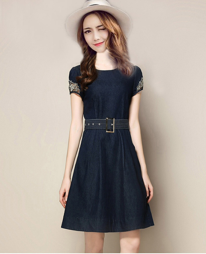ĐẦM JEAN XÒE TAY PHỐI REN HOA KÈM THẮT EO